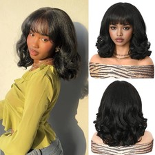 WIGER Yaki Texture Wavy Wig with Bangs for Women Short Shoulder Length Curly Bob