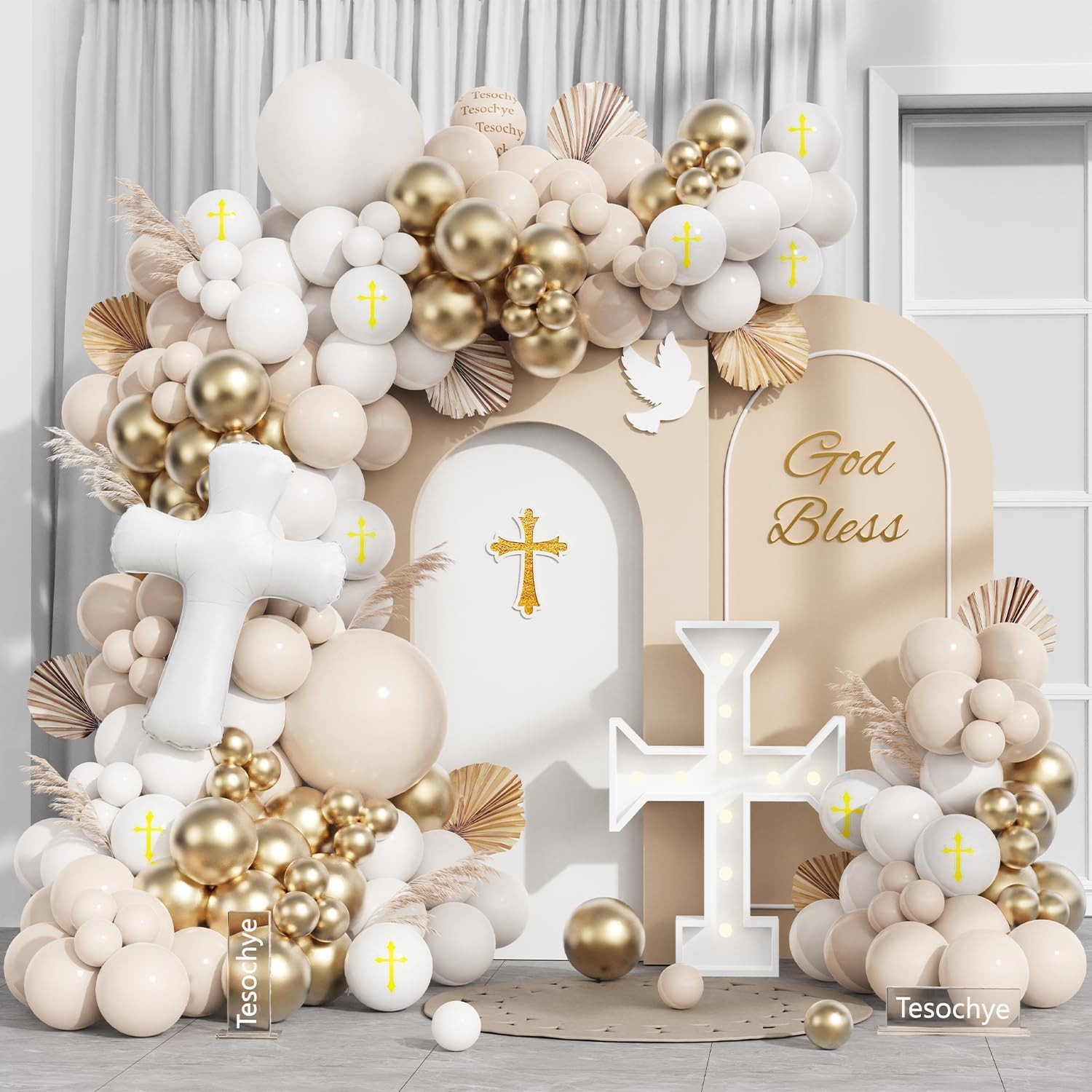 Baptism Theme Party Decorations Balloons Kit,146 Pcs White Sand Gold Matte Ne...