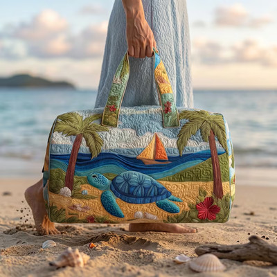 Quilted Sea Turtle Beach Duffle Bag, Tropical Coastal Weekender Travel Tote