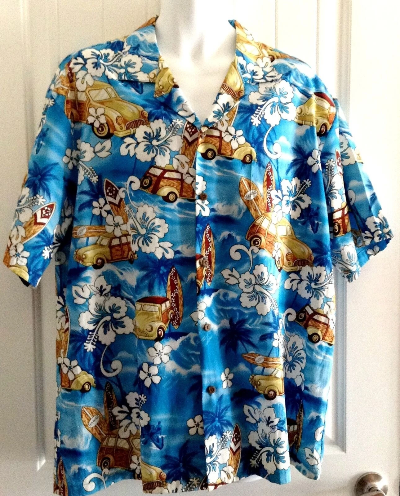 KY'S Men's Shirt XL Hawaiian Aloha Woodies Surf Boards Hibiscus Blue
