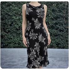 Vintage Eva Blue Floral Sequins Black Midi Ruched Tank Dress Women’s 4 Y2K