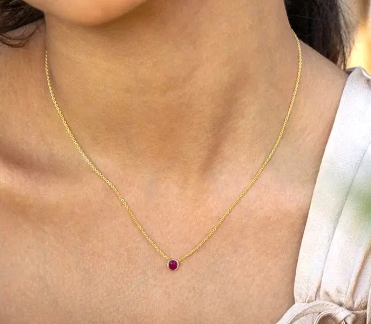 Natural Ruby Round Pendant 14k Yellow Gold Bezel Set Minimalist Fancy Necklace - Image 2 of 4