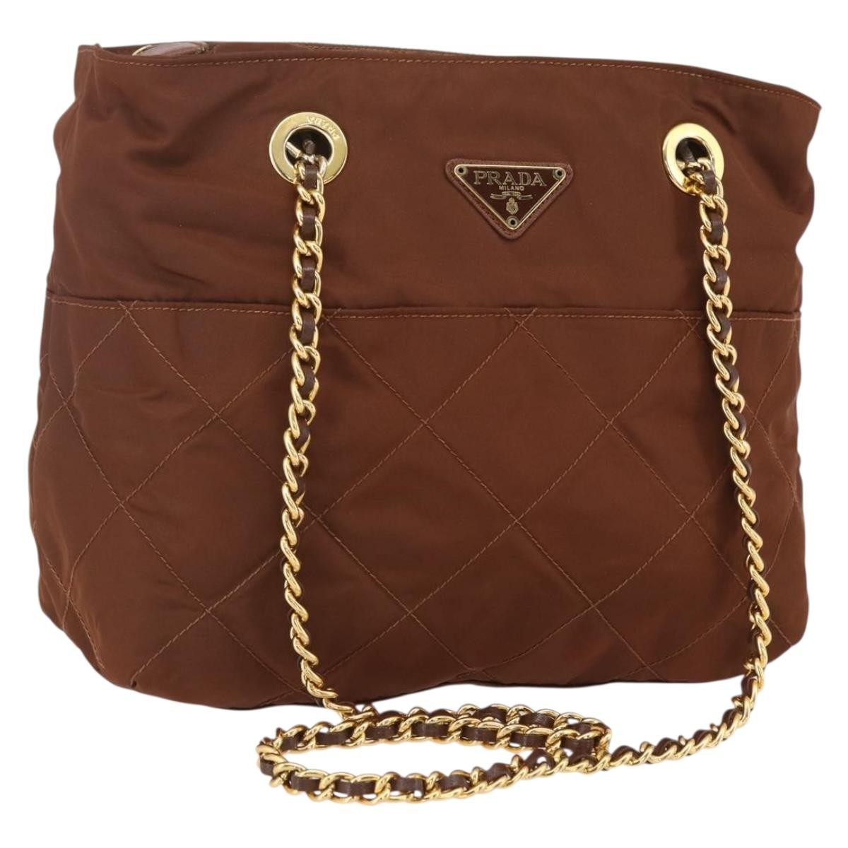 PRADA Chain Quilted Shoulder Bag Nylon Brown Gold Auth 160140 | eBay