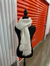 Handmade Chunky Knit Scarf Cream White Long Fringe Winter Soft Cozy Ribbed