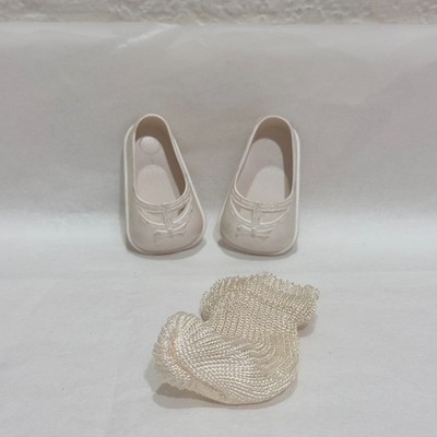 Vintage 1950s Doll Shoes White Vinyl Mary Janes w/ Socks 2.75''