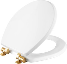 Benton Toilet Seat with Brushed Gold Hinges, Slow Close Wood Seat, Secure Metal