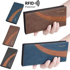 Business Men's Leather Bifold Wallet RFID Blocking Checkbook Cover Long Purse