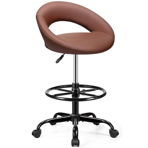 With Back Height Adjustable Rolling Stool - Brown