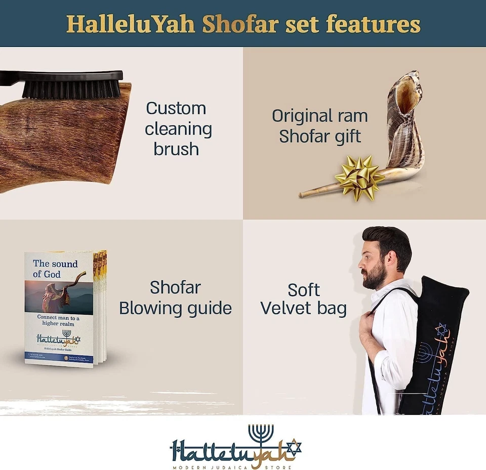 Juego de Shofar HalleluYAH 28"-32" Medio Cuerno Kudu Yemenita Plus Cuerno de Carnero de Bonificación Gratis Foto 4 de 4