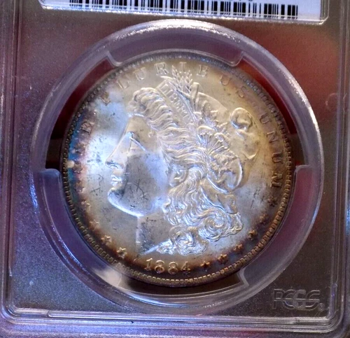 MORGAN SILVER DOLLAR 1884 O PCGS MS 65 STUNNING TARGET DUAL SIDED RAINBOW PQ