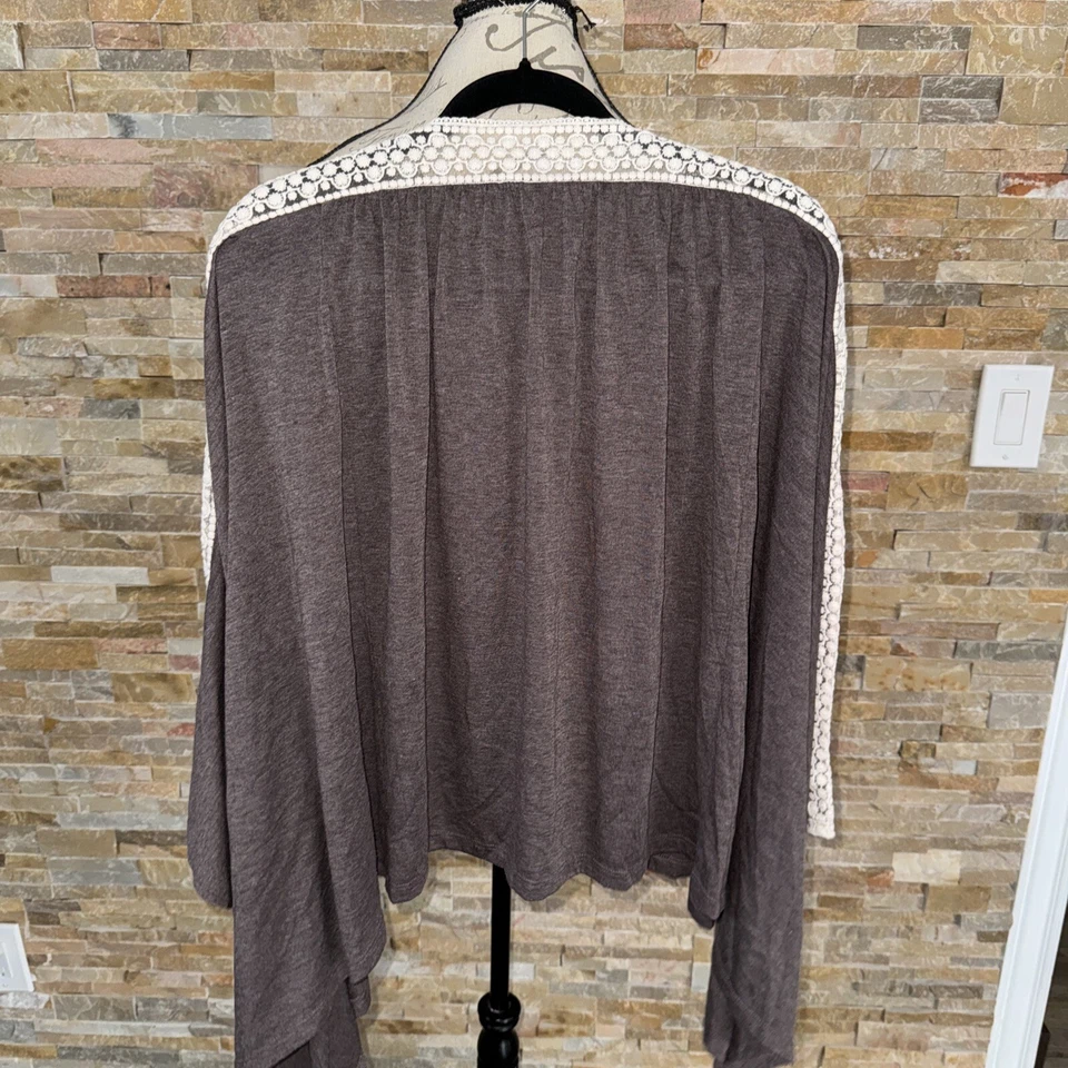 Cárdigan American Rag marrón con ribete de encaje beige frente abierto para mujer talla 2X Foto 3 de 4