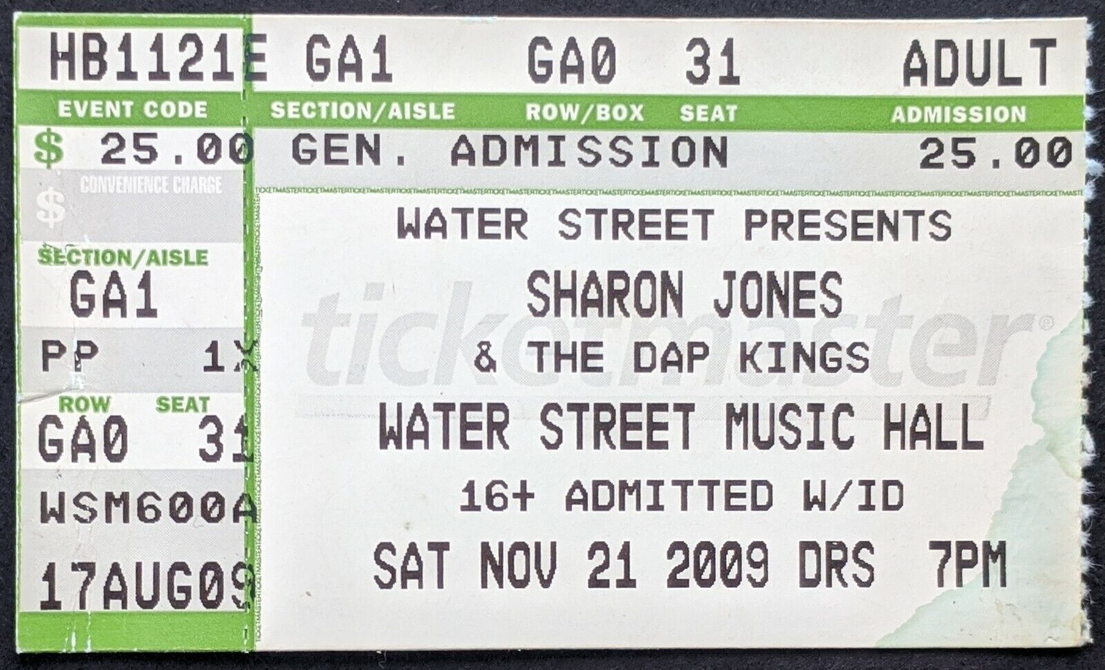 Sharon Jones & The Dap Kings 2009 Concert Ticket, Water Street -