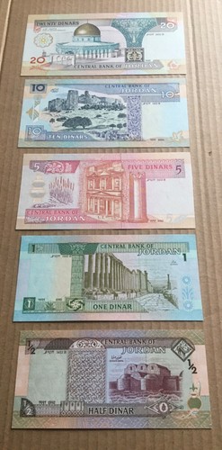 1992 Jordan Complete Set of 5 Banknotes 1/2 1 5 10 20 Dinar P-23 24 25 26 27 UNC - Picture 2 of 6