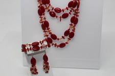 Red Coral Orange Agate Pink Mother of Pearl 19" Necklace Bracelet Earring SET