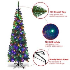 Christmas Tree Pre Lit Slim Pencil Green Artificial Bushy Pine XMAS Decor 6FT UK