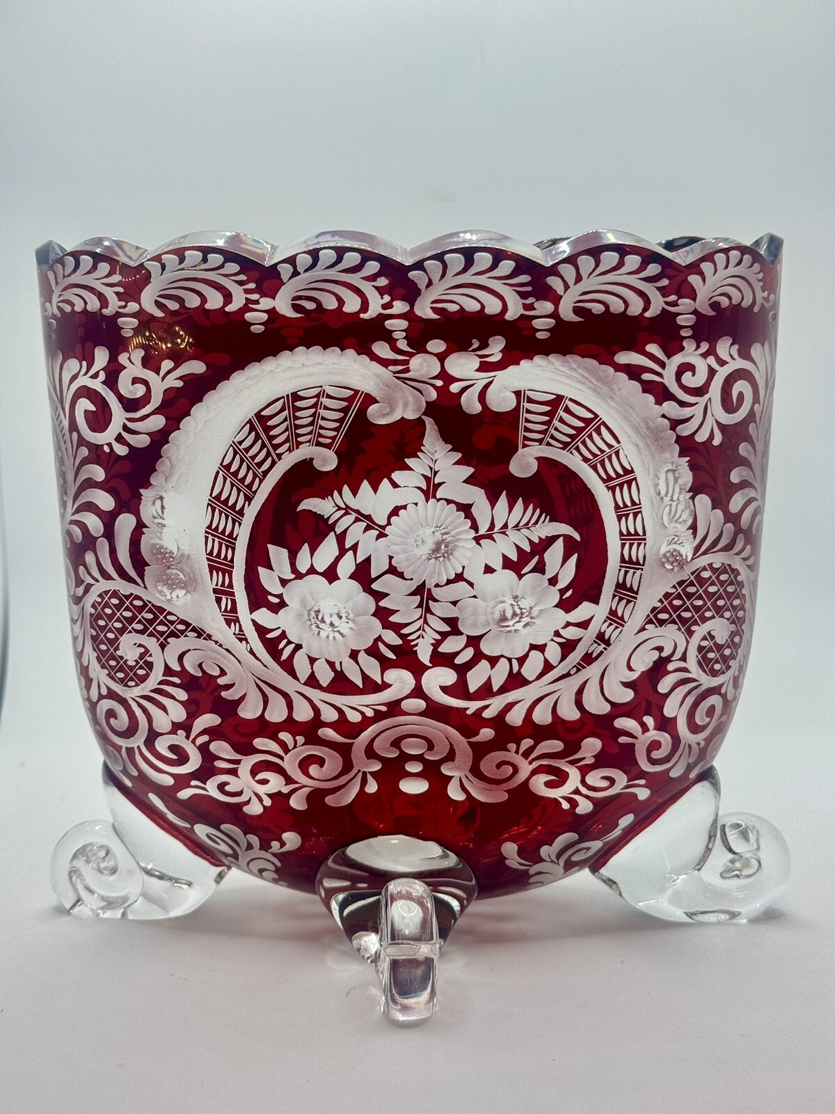 Vintage Egermann Ruby Bohemian Glass Four Footed Vase Cut to Clear 6 ...