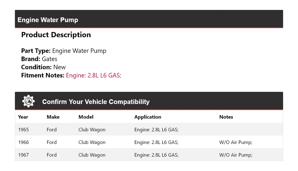 Para Ford Club Wagon 1965-1967 2,8 L L L6 motor de gas bomba de agua puertas 1966 Foto 2 de 4
