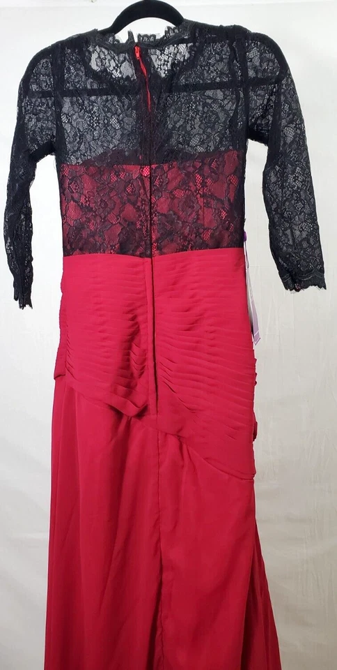 Size 4 Grace Karin Black Lace 3/4 Sleeve Red Chiffon Floor Length Evening Gown - Image 2 of 4