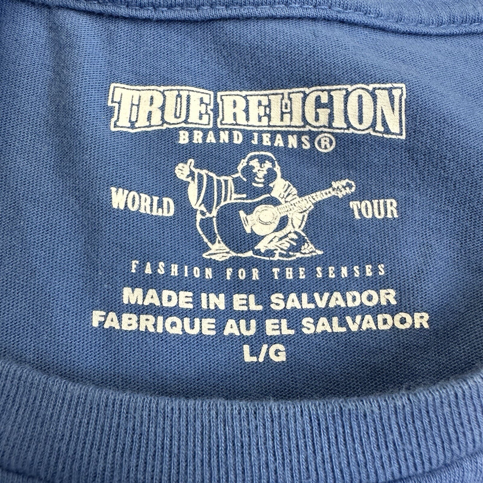 True Religion Shirt Mens Large Blue Box Budha CRW NK Front Logo Rock Hipster thumbnail 13