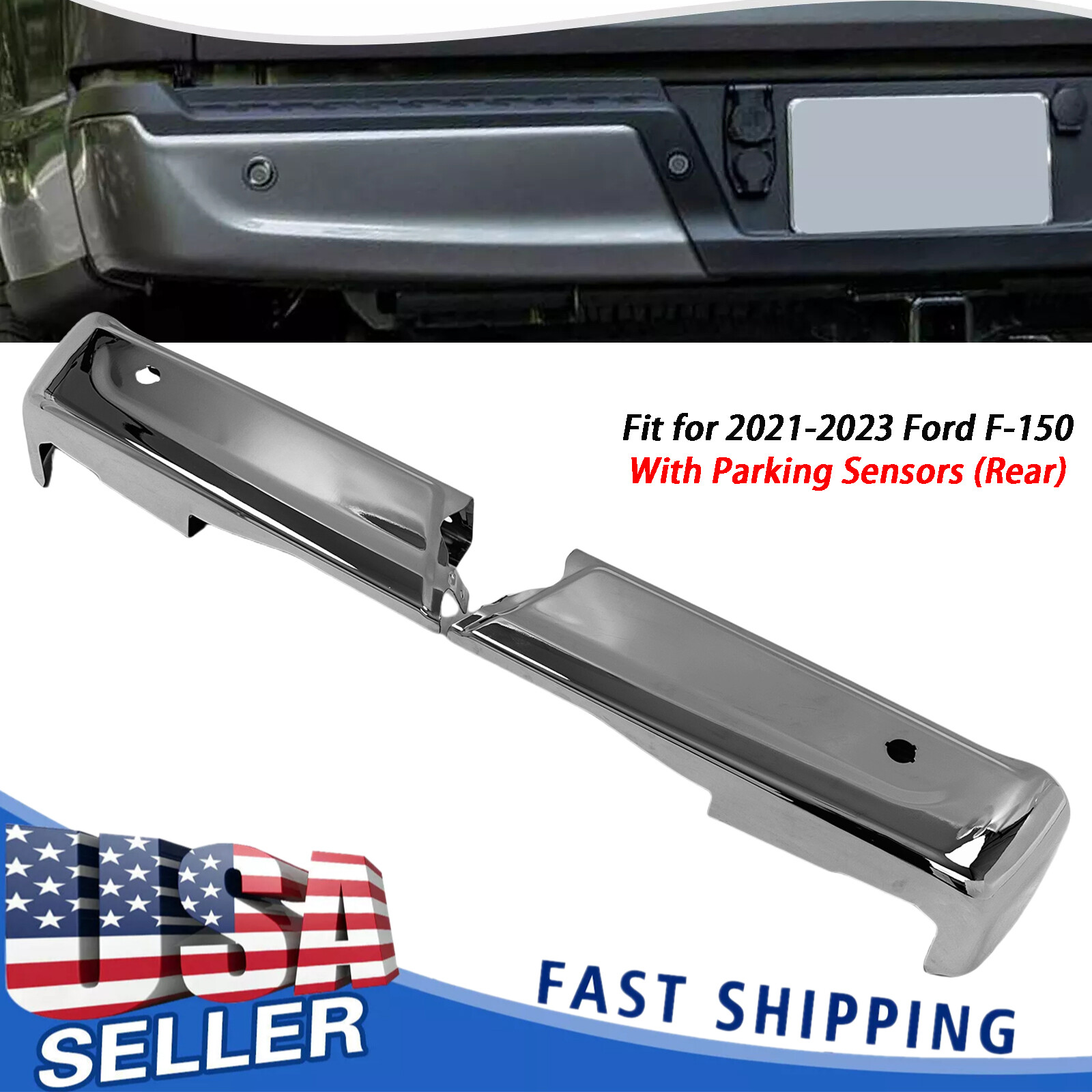 Left & Right Chrome Rear Bumper End Set For 2021-2023 Ford F-150 W/ Park Sensor