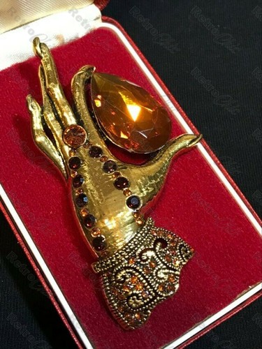 Art Deco Hands Elegant Lady Brooch Antique Gold Amber Glass Pear Cut Stone Vtg - Picture 4 of 12