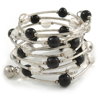 Breites mehrstrangiges schwarzes und transparentes Acrylperlen Flex Armband in Silber