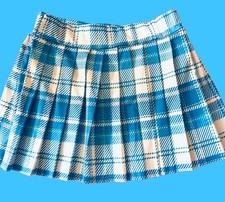 New Girls Blue White With Yellow Highlights Pleated Plaid Skirt Size S