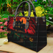 Halloween Handbag with Haunted House, Black Cat Pumpkin Print  Gothic Tote Bag