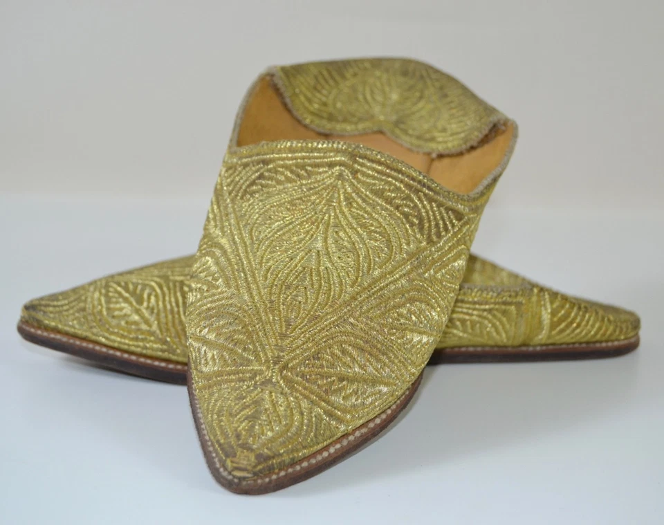 Moroccan Gold Women Babouche Slippers EU 40 US 9 | Vintage Wedding Balgha Shoes - Image 2 of 4