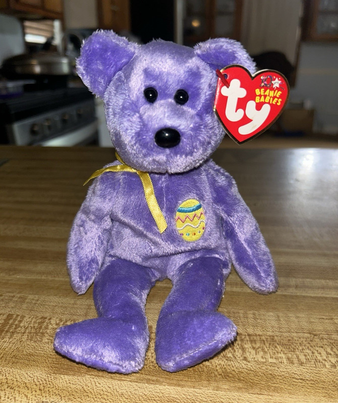 Ty Beanie Babies Purple Bear Plush Easter Egg Patch Yellow Ribbon Heart Tag 1999