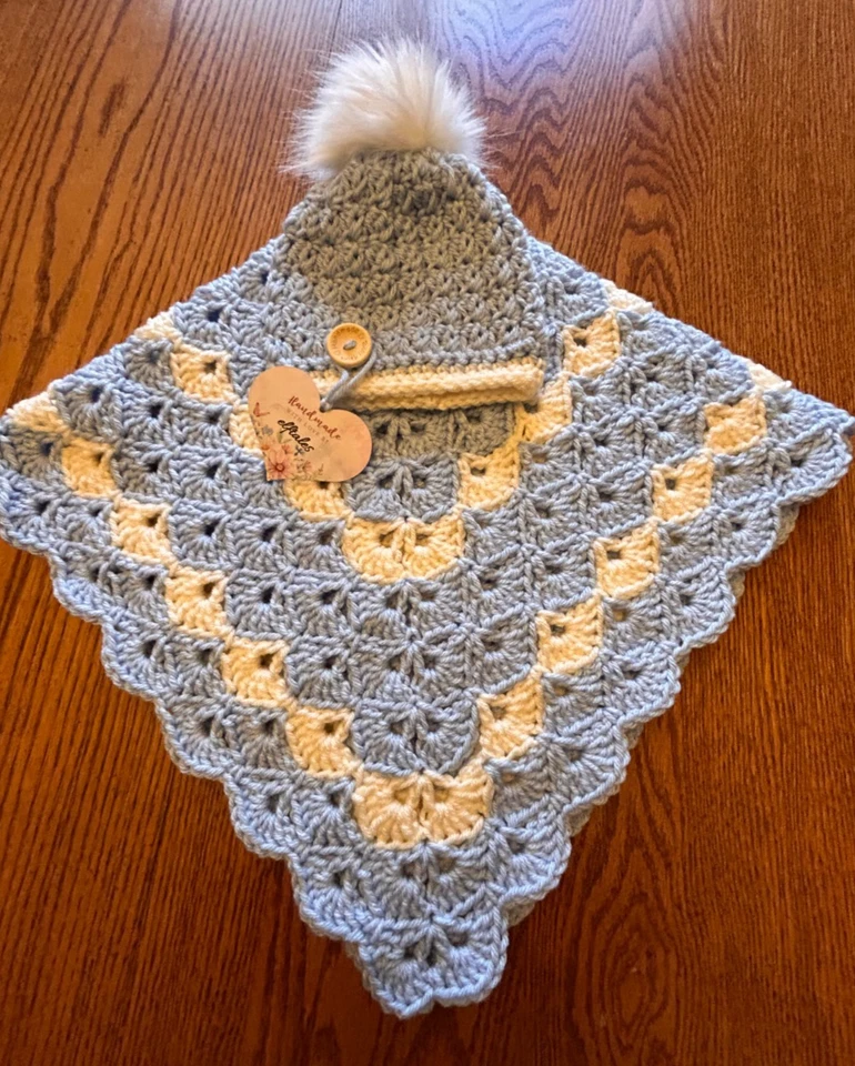 blue & white farmhouse  handmade crochet  Baby  blanket & hat set  - Image 3 of 4