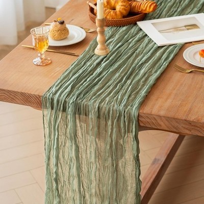 Fexia Sage Green Cheesecloth Table Runner 35x120 Inch 1 Pack