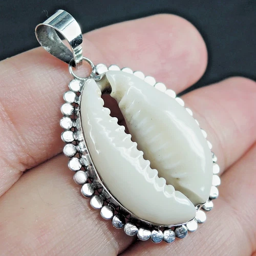 925 Sterling Silver White Natural Cowrie Shell Pendant Jewelry, CSP-02