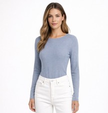 Light Blue Ribbed Long Sleeve Bodysuit Crew Neck Snap Closure Top