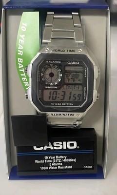 Casio World Time Digital Quartz Watch Silver Steel Bracelet Alarm WR 100m Box