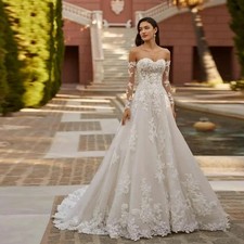 Elegant Appliques Wedding Dresses A Line Long Sleeve Off The Shoulder Bride Gown