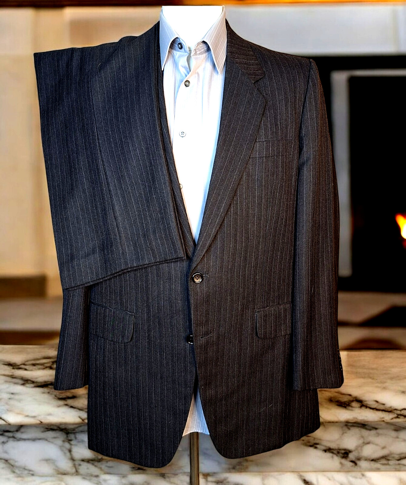 Royal Bespoke 2 Piece Suit Mens 44L 38X32 Gray Stripe Single Vented