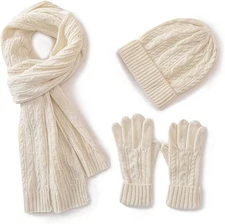  3 in 1 Womens 100% Wool Hat Gloves & Scarf Winter Set, 3 Piece Cable Beige