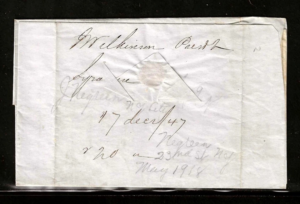 1847 FOLDED LETTER - SYRACUSE NY TO NEW YORK CITY - BLUE CANCEL & POSTAGE - Image 2 of 3