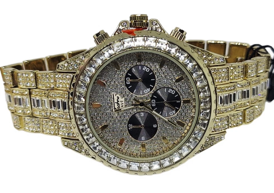 Techno Pave Gold Tone 42mm 3 Dial Face Band Studded Faux Diamond Mens  Watch - Image 3 of 4