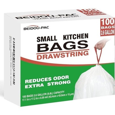 Durable Drawstring Trash Bags 2.6 Gallon Odor Control 100 Count Kitchen Liners