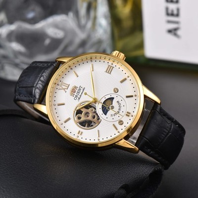 Orient Automatic Men's Watch Sun & Moon Phase Skeleton Dial Gold Case Black Leat