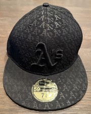 Oakland A’s New Era Hat Cap Fitted 7 3/8 59Fifty 5950 All Over Logo Grey Bottom