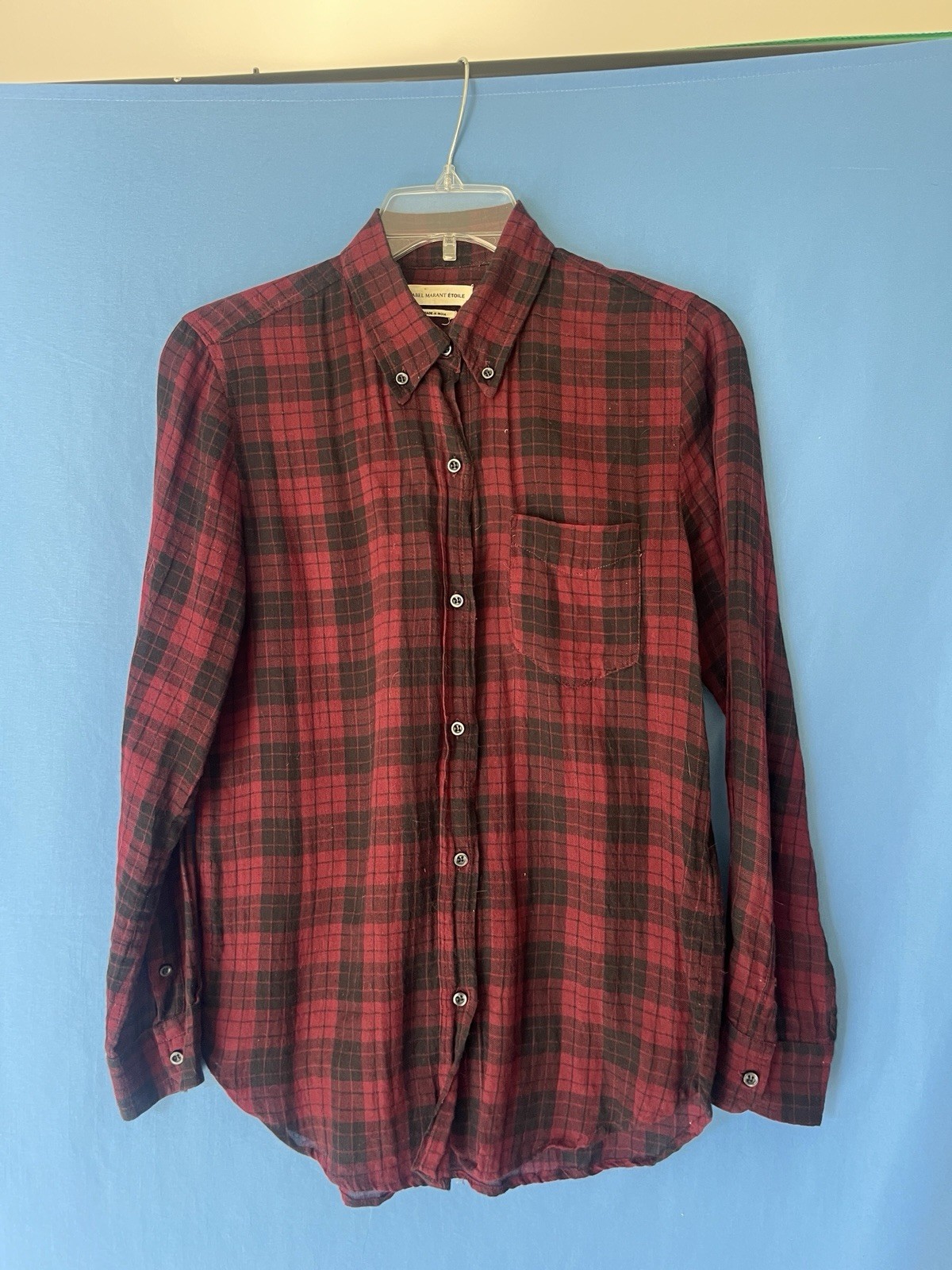 Etoile Isabel Marant Maroon Plaid Flannel Button Down Blouse Shirt-34/S