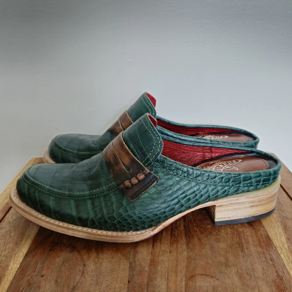 Freebird by Steven Collins Mule Green Leather Heeled Loafer Snake Womans Shoes 8