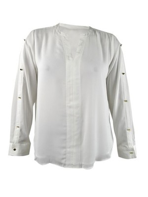 DKNY Women's Buttoned-Sleeve Pleated-Placket Top (XXL, White)