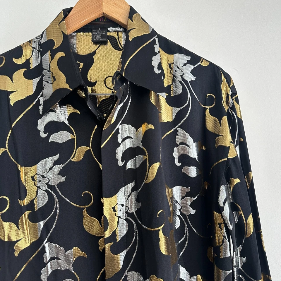 Camisa De Seda De Colección Para Hombre Pequeña Negra Dorada Glamour Barroca Metálica Rave Disco Fiesta Foto 3 de 4
