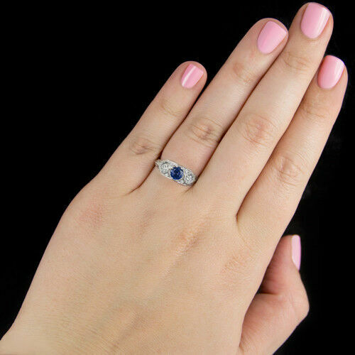 Vintage Art Deco Lab Created Royal Blue Sapphire Wedding Ring 14k White Gold - Picture 2 of 4