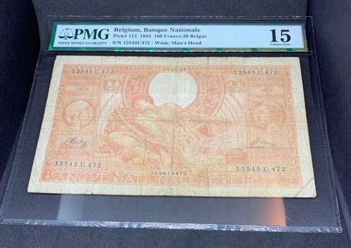 PMG Grades Belgium, Banque Nationale P113 1944 100 Francs-20 Belgas Banknotes - Picture 3 of 10