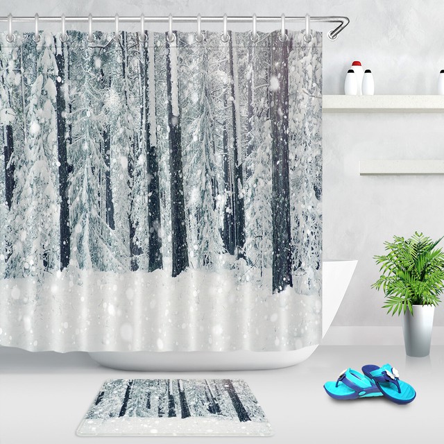 Beautiful Winter Snow Forest Pine Trees Fabric Shower Curtain Set